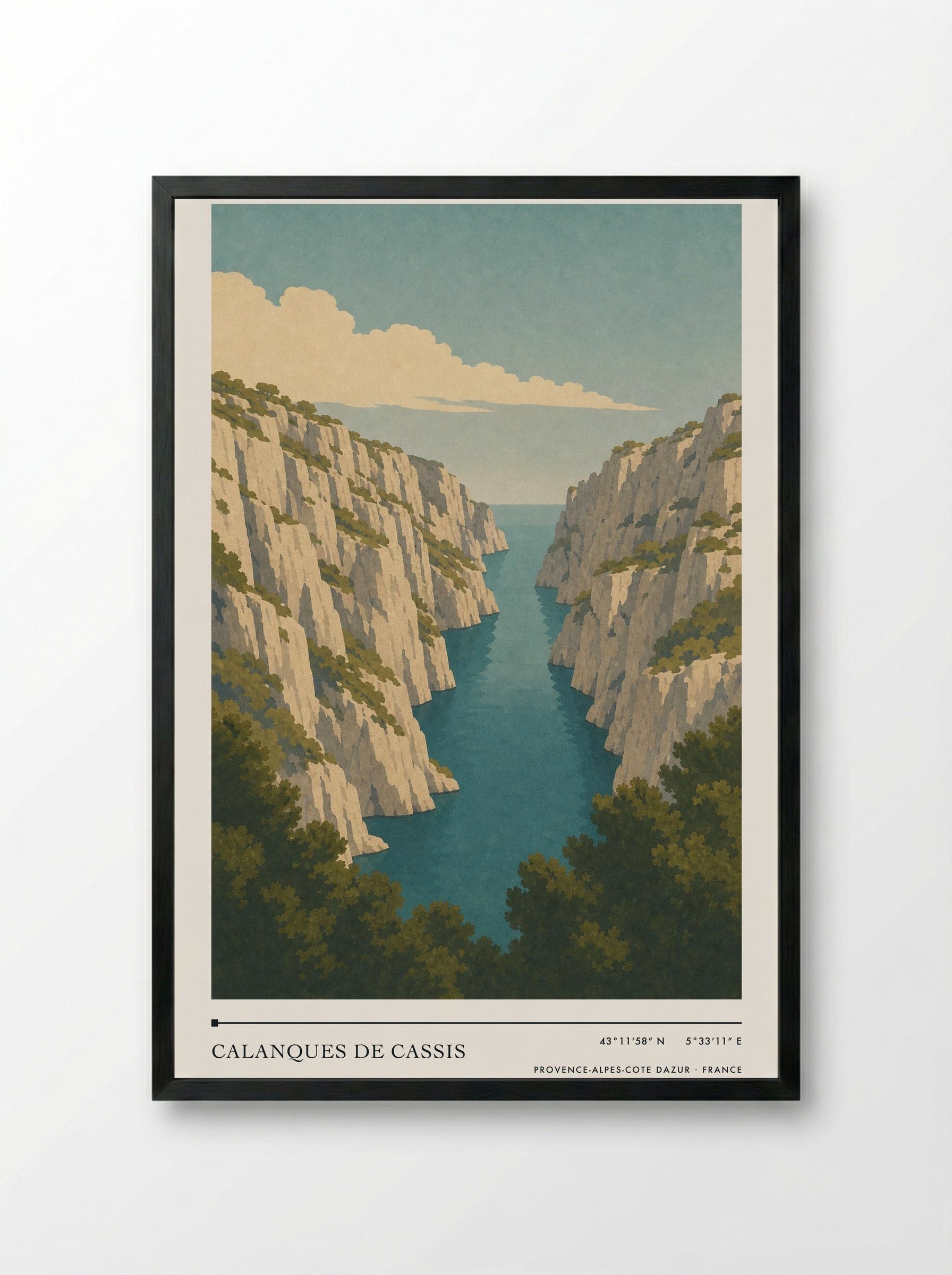 Calanques de Cassis Travel Poster Artwork - Framed Print Black