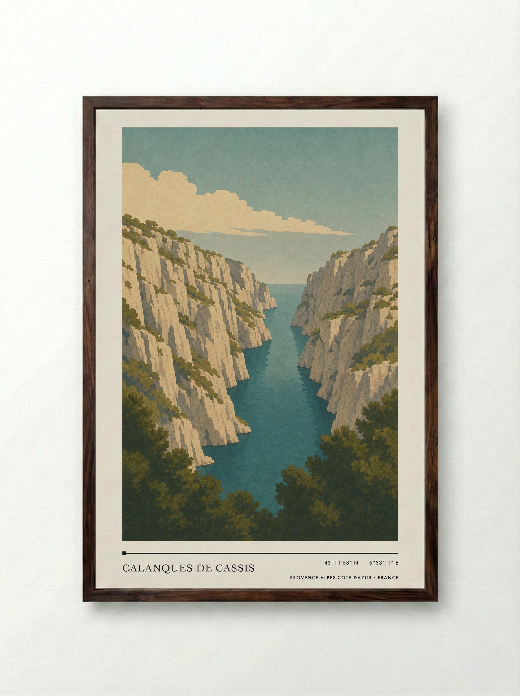 Calanques de Cassis Travel Poster Artwork - Framed Print Dark Wood