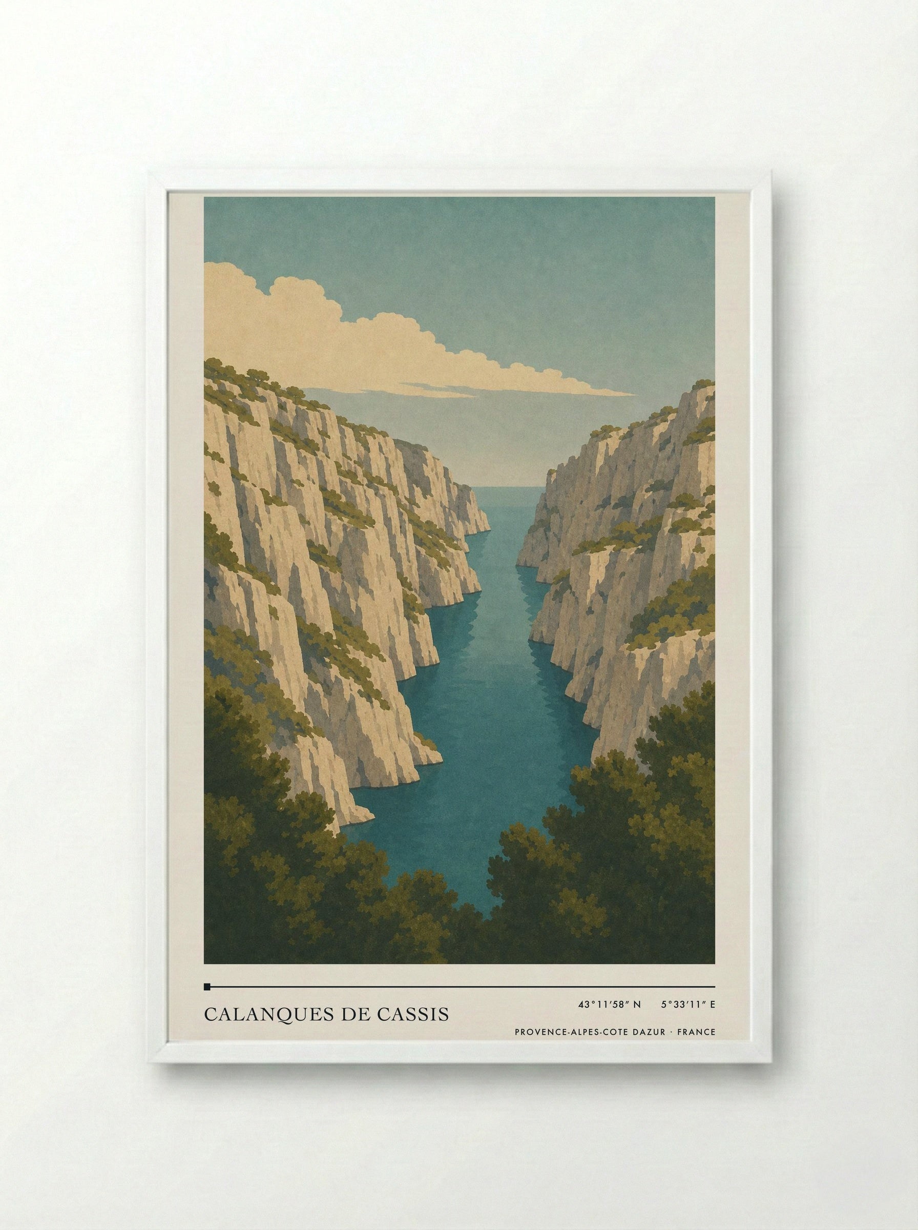 Calanques de Cassis Travel Poster Artwork - Framed Print White