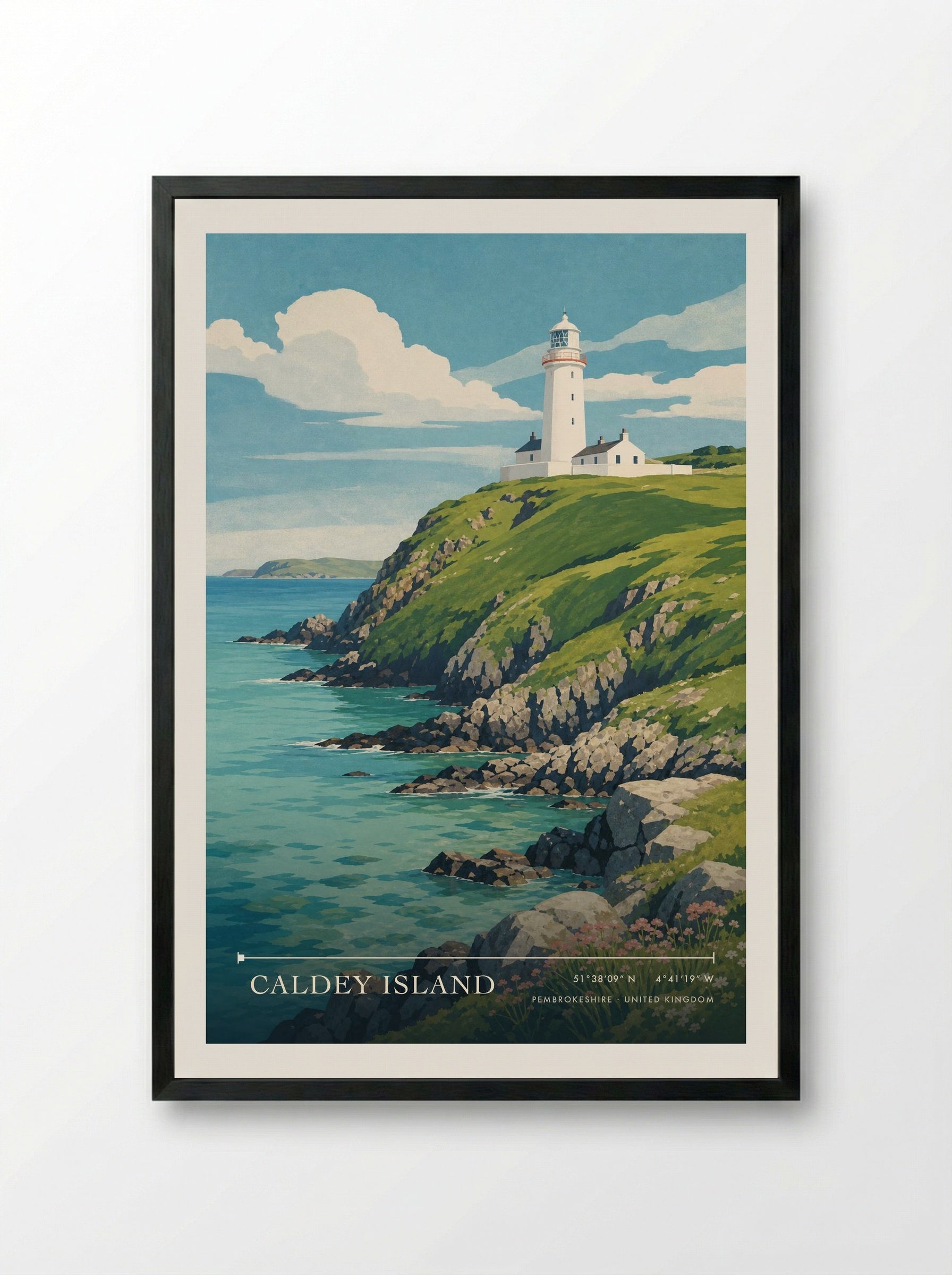 Caldey Island Pembrokeshire United Kingdom Travel Poster - Framed Print Black