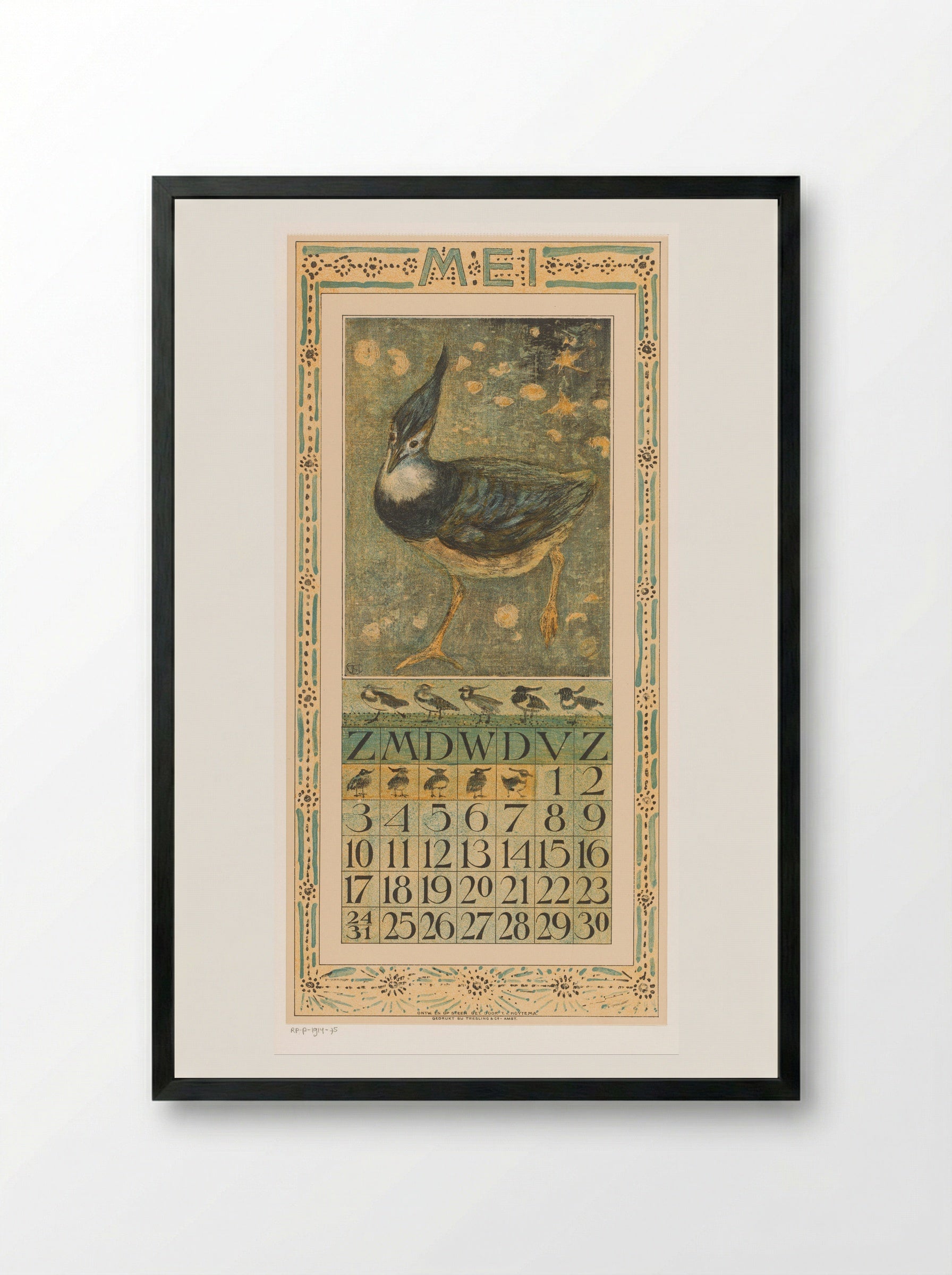 Calendar Page for May with Lapwing - Theo van Hoytema - Framed Print Black