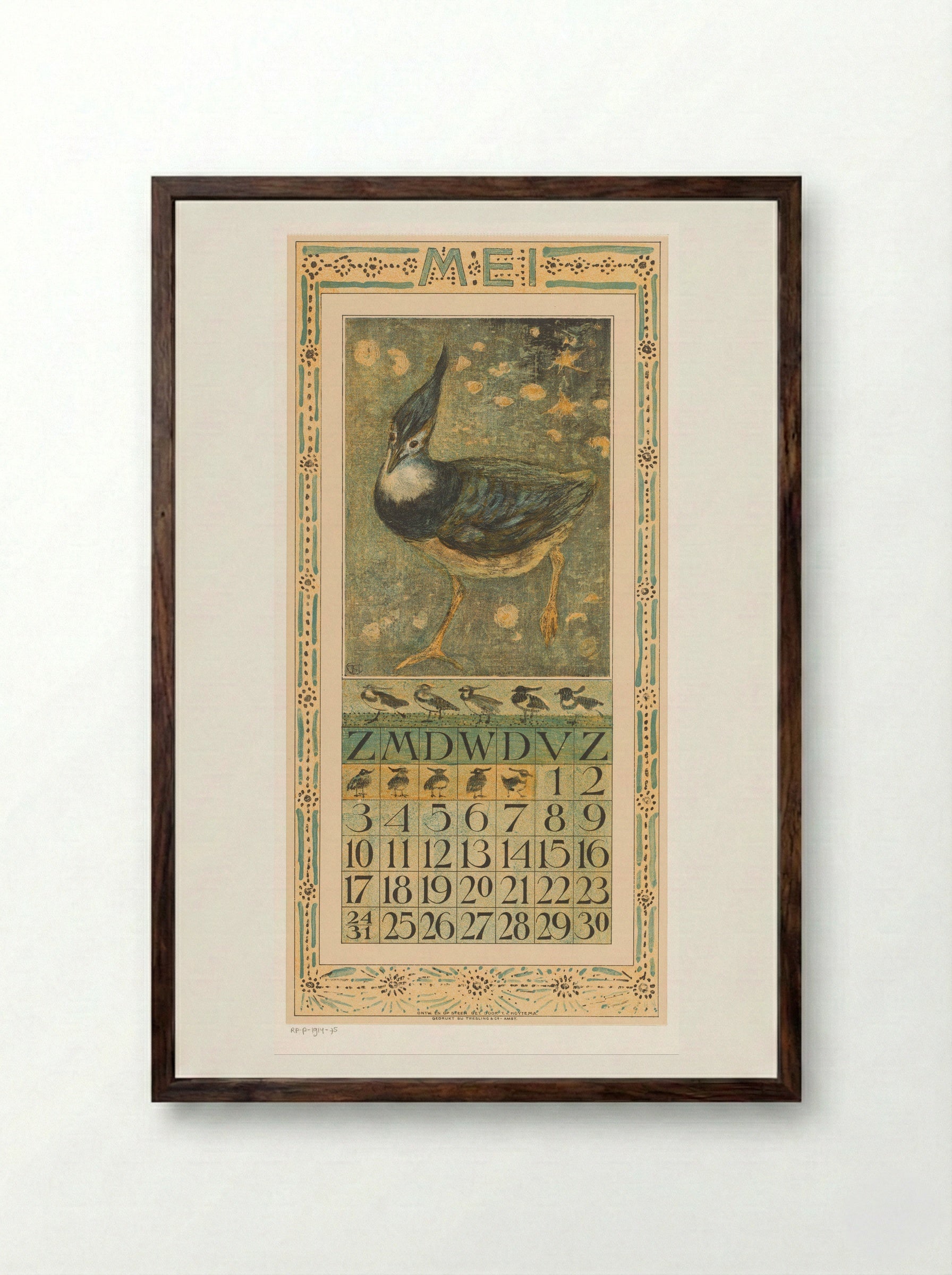 Calendar Page for May with Lapwing - Theo van Hoytema - Framed Print Dark Wood