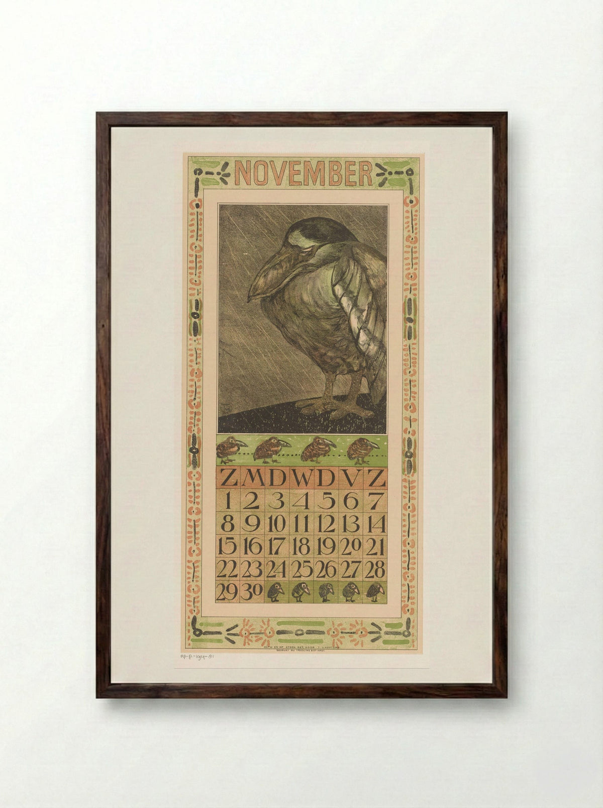 Calendar Page for November (Bird in the Rain) - Theo van Hoytema - Framed Print Dark Wood