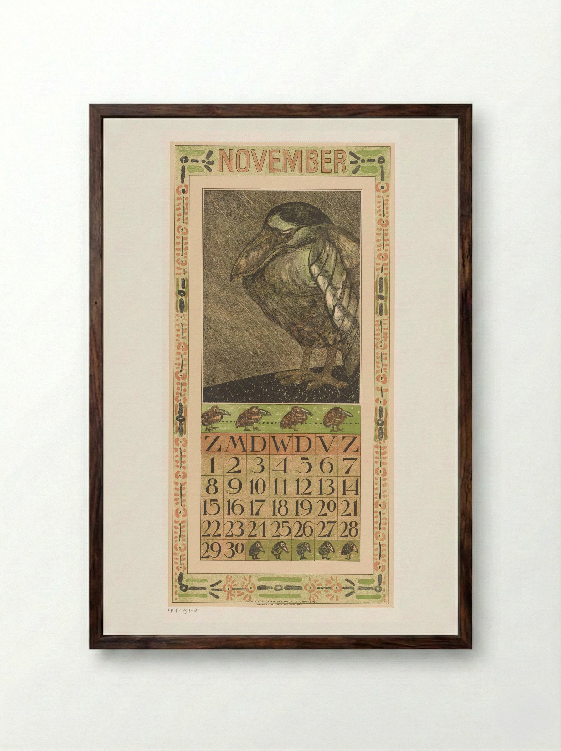 Calendar Page for November (Bird in the Rain) - Theo van Hoytema - Framed Print Dark Wood