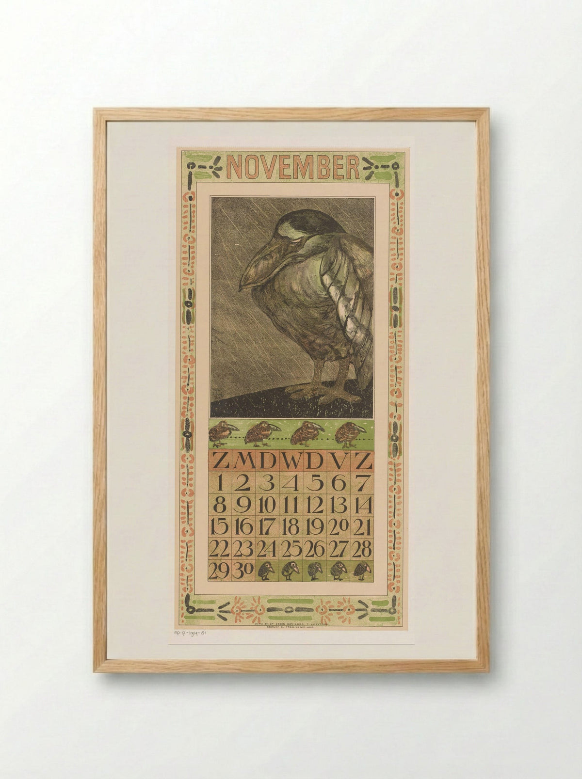 Calendar Page for November (Bird in the Rain) - Theo van Hoytema - Framed Print Wood