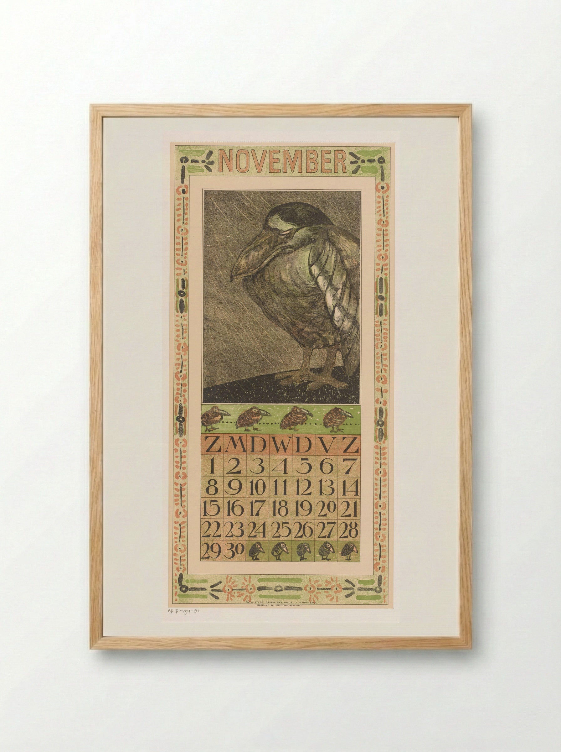 Calendar Page for November (Bird in the Rain) - Theo van Hoytema - Framed Print Wood