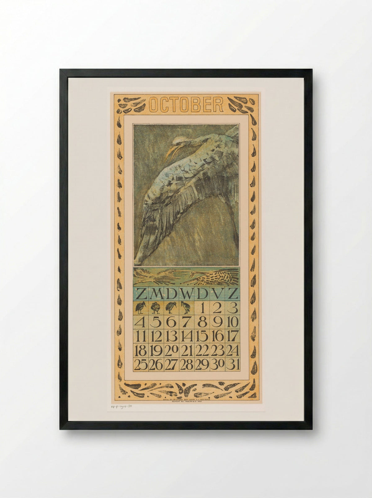 Calendar Page for October (Flying Bird) - Theo van Hoytema - Framed Print Black