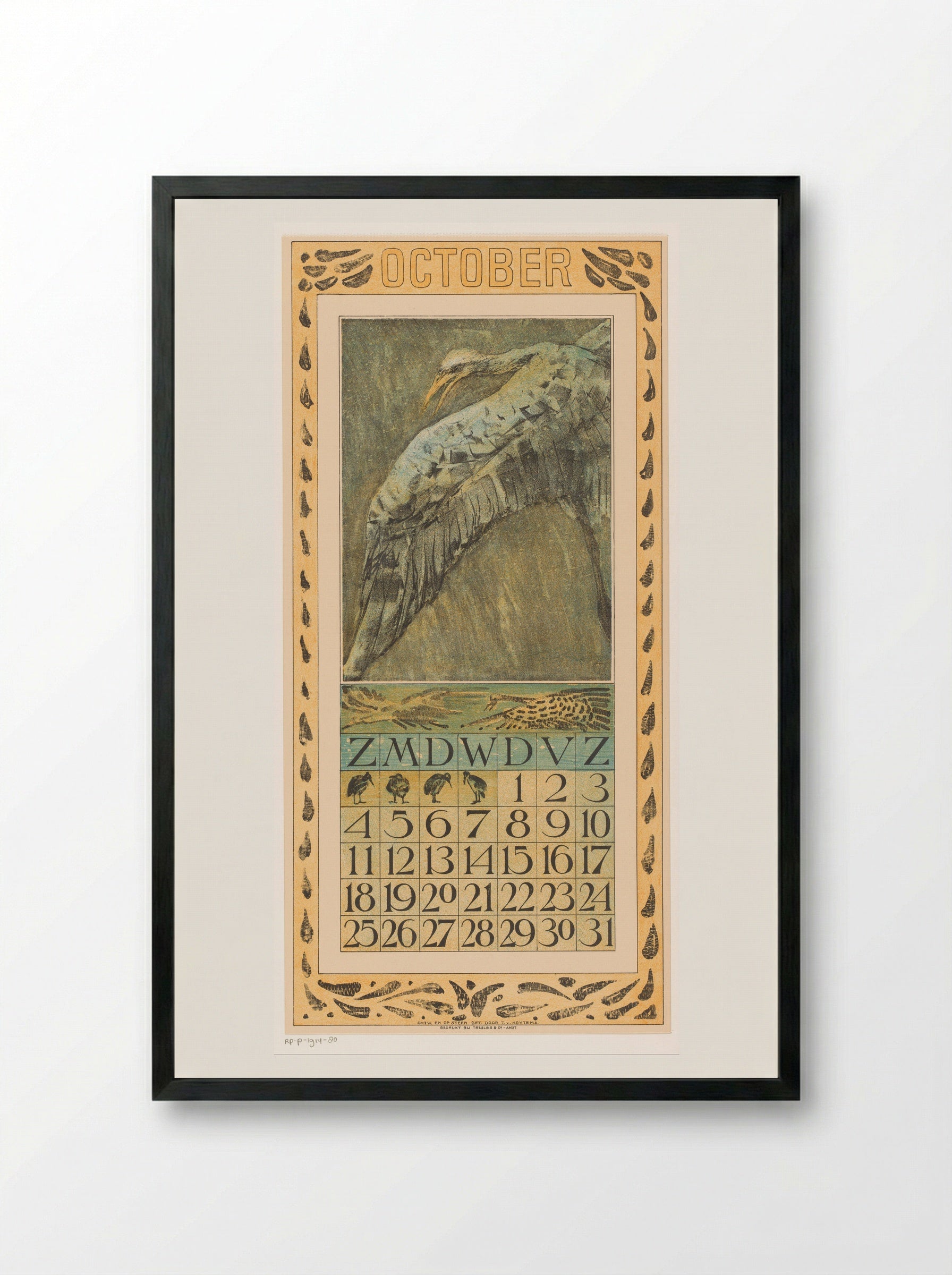Calendar Page for October (Flying Bird) - Theo van Hoytema - Framed Print Black