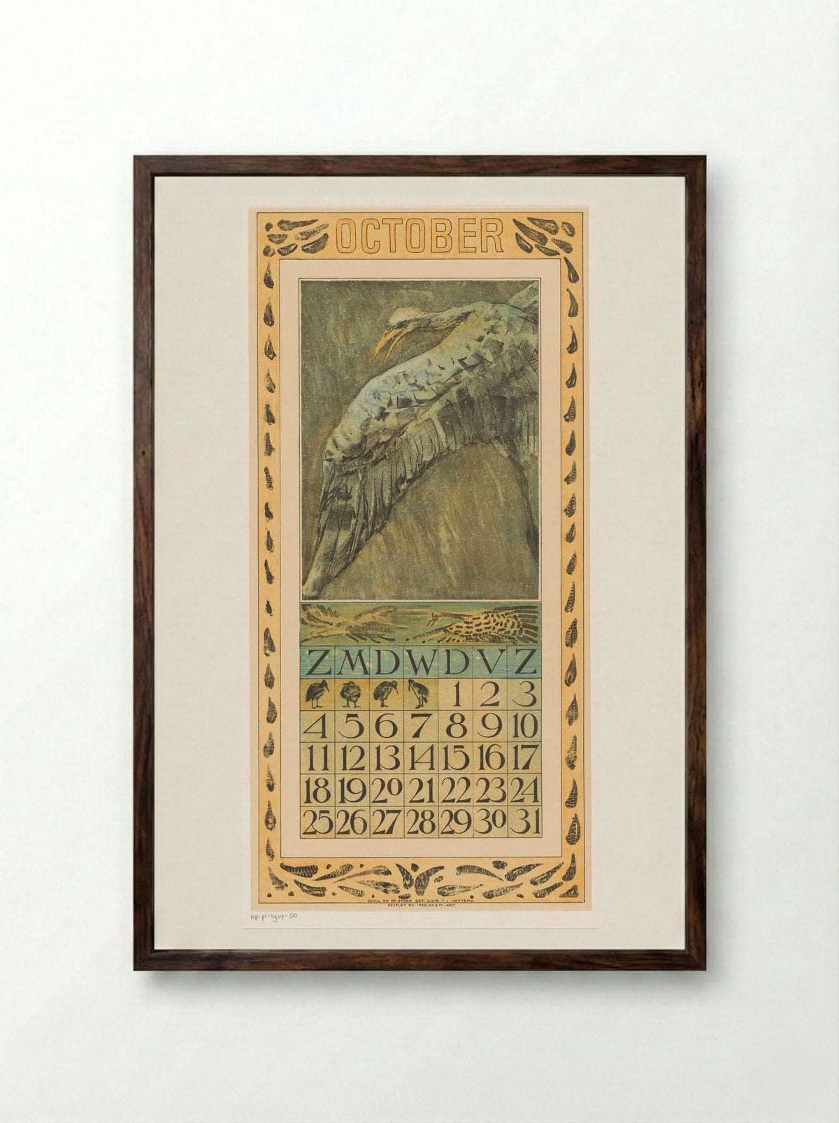 Calendar Page for October (Flying Bird) - Theo van Hoytema - Framed Print Dark Wood
