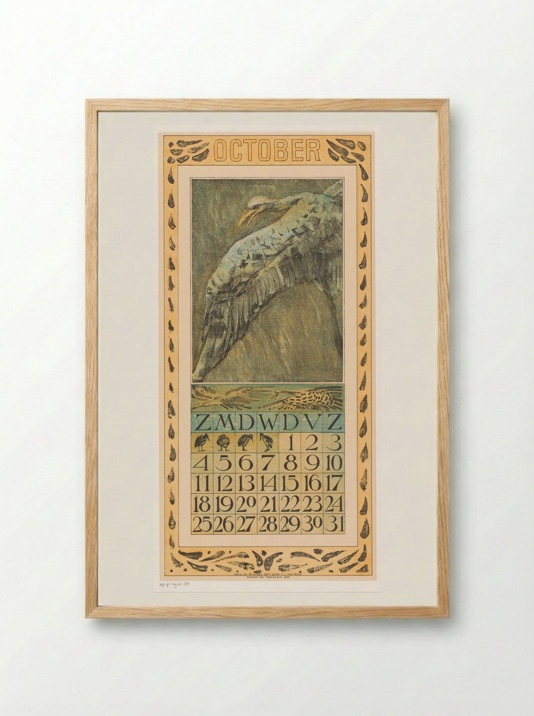 Calendar Page for October (Flying Bird) - Theo van Hoytema - Framed Print Wood
