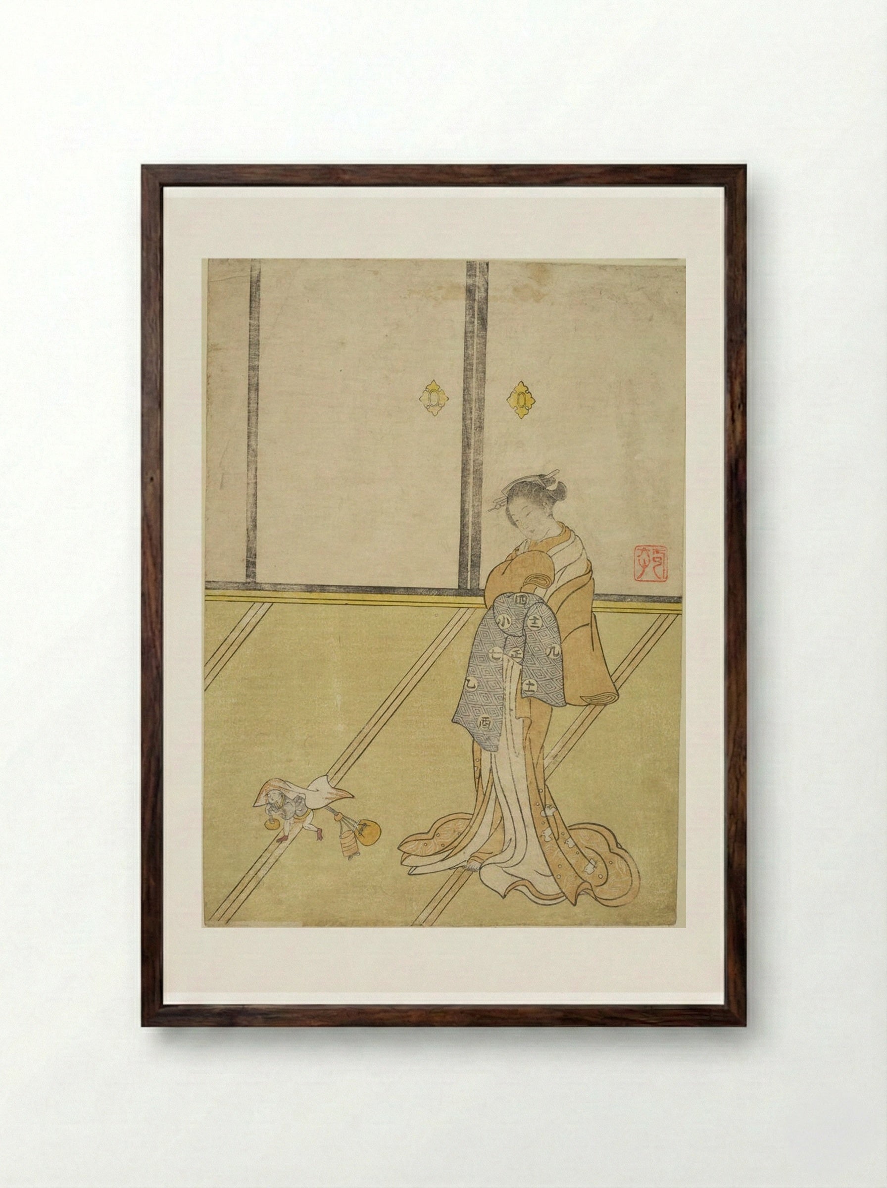 Calendar: Courtesan with Shōki the Demon Queller - Suzuki Harunobu - Framed Print Dark Wood