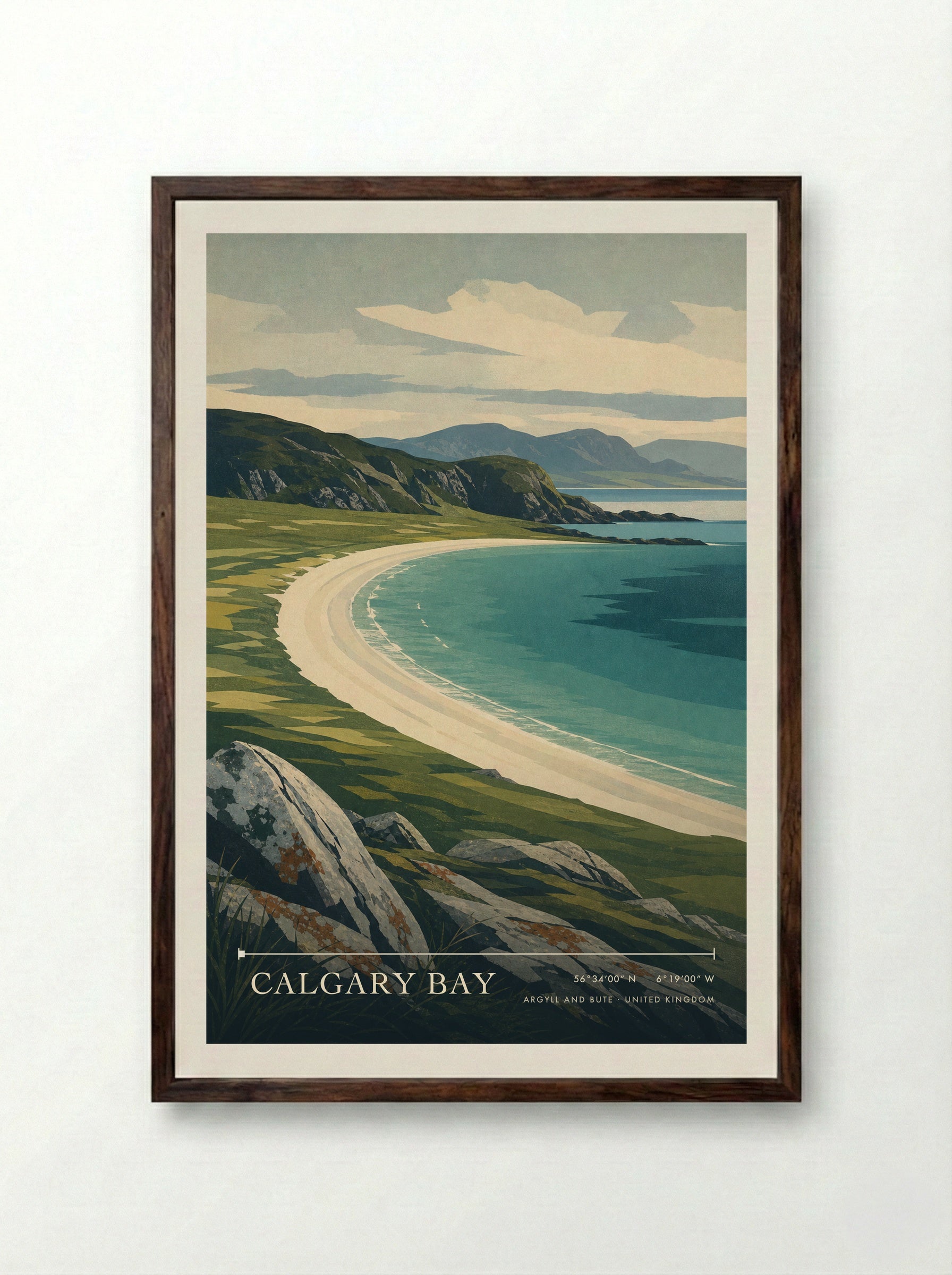 Calgary Bay Argyll and Bute United Kingdom Travel Poster - Framed Print Dark Wood