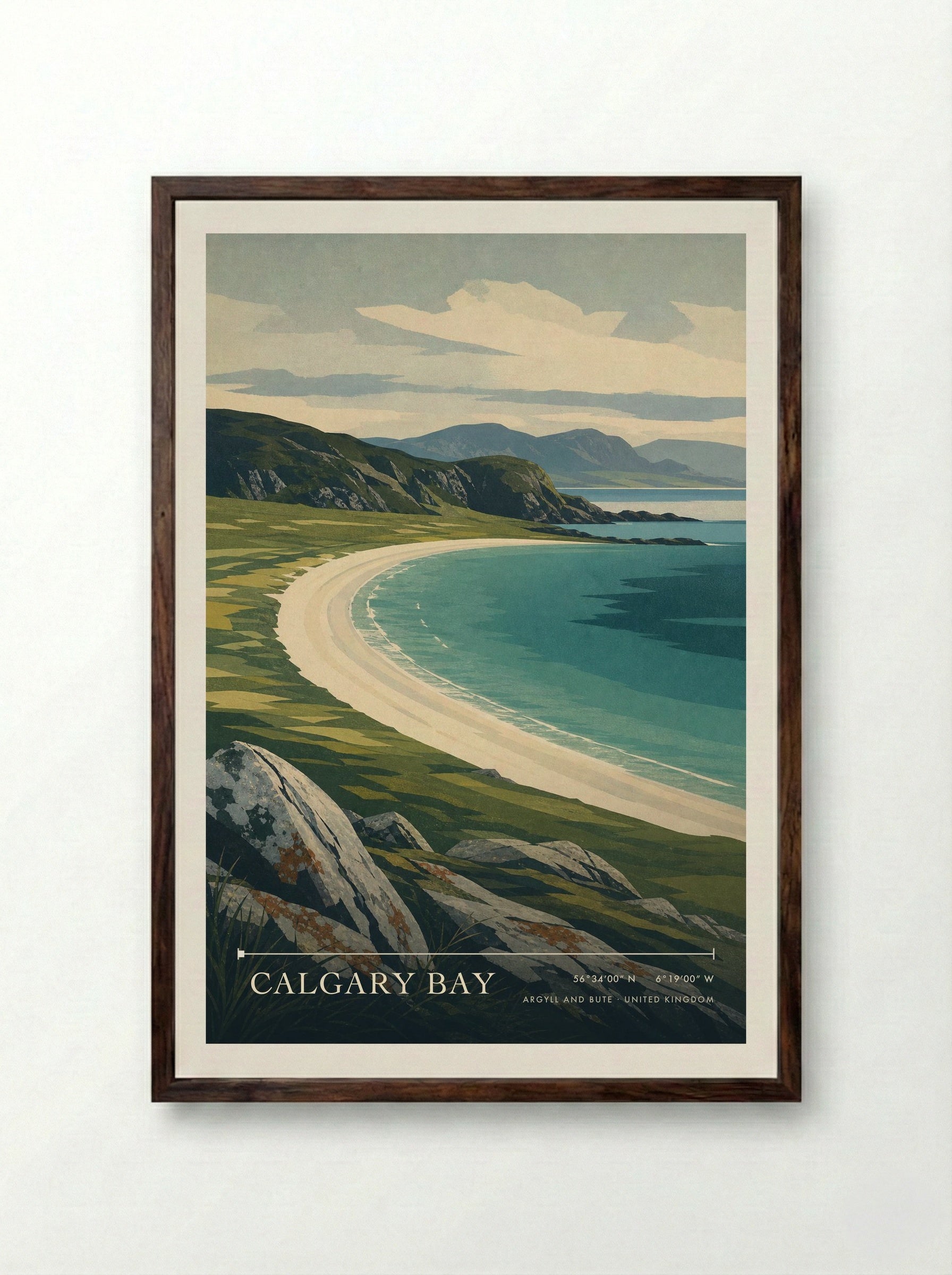 Calgary Bay Argyll and Bute United Kingdom Travel Poster - Framed Print Dark Wood