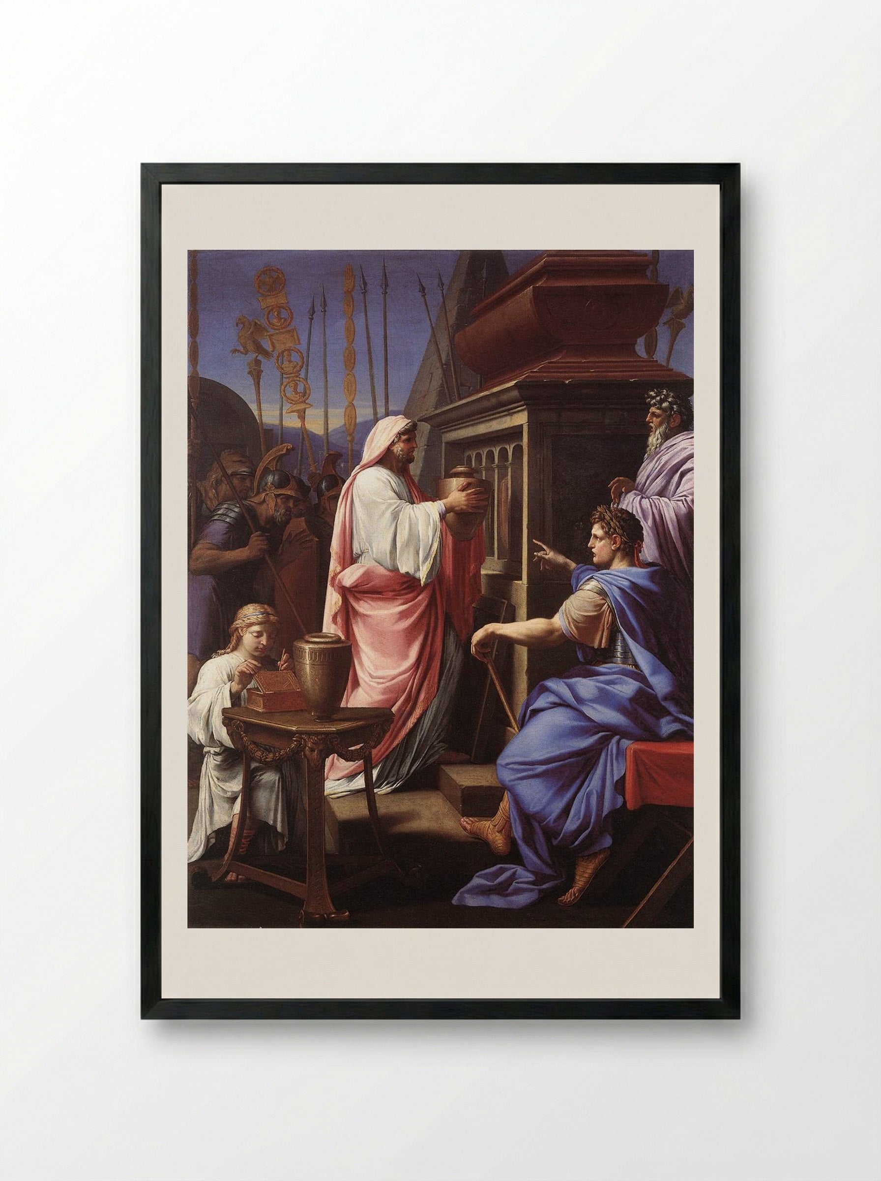 Caligula Depositing the Ashes of his Mother and Brother in the Tomb of his Ancestors - Eustache Le Sueur - Framed Print Black