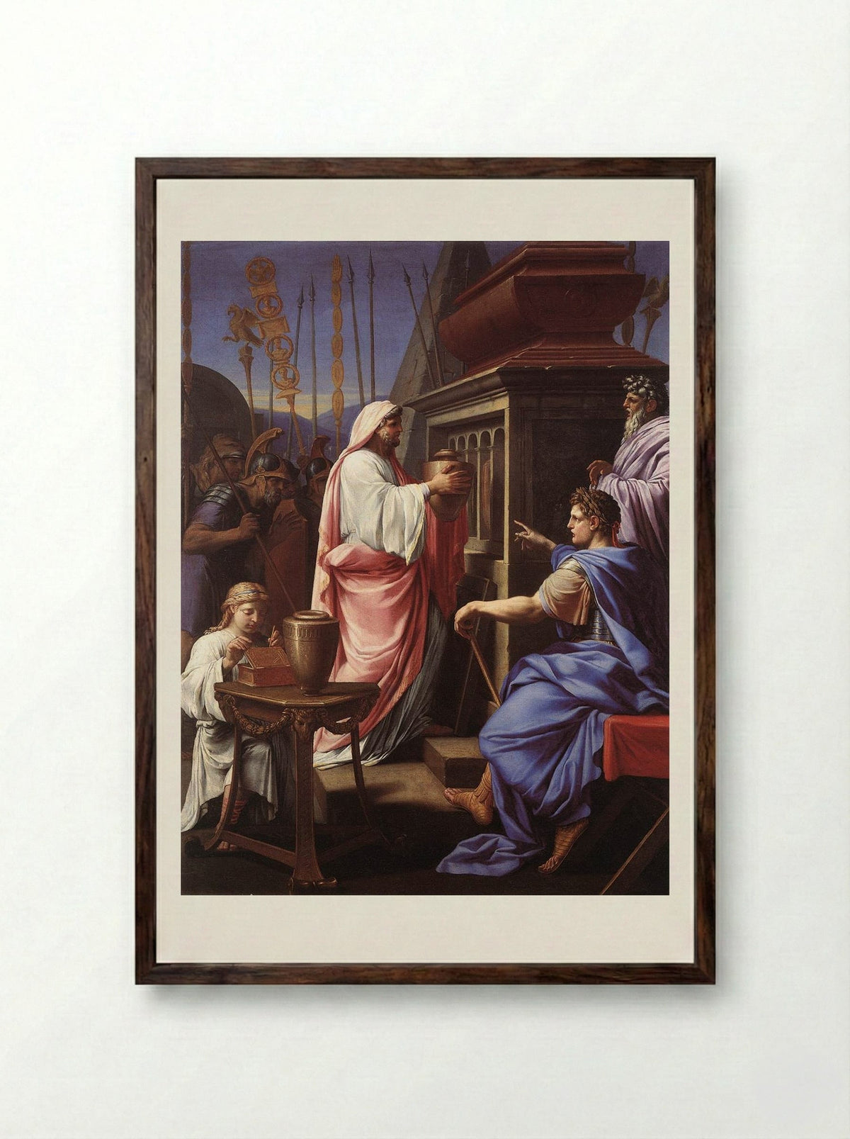 Caligula Depositing the Ashes of his Mother and Brother in the Tomb of his Ancestors - Eustache Le Sueur - Framed Print Dark Wood