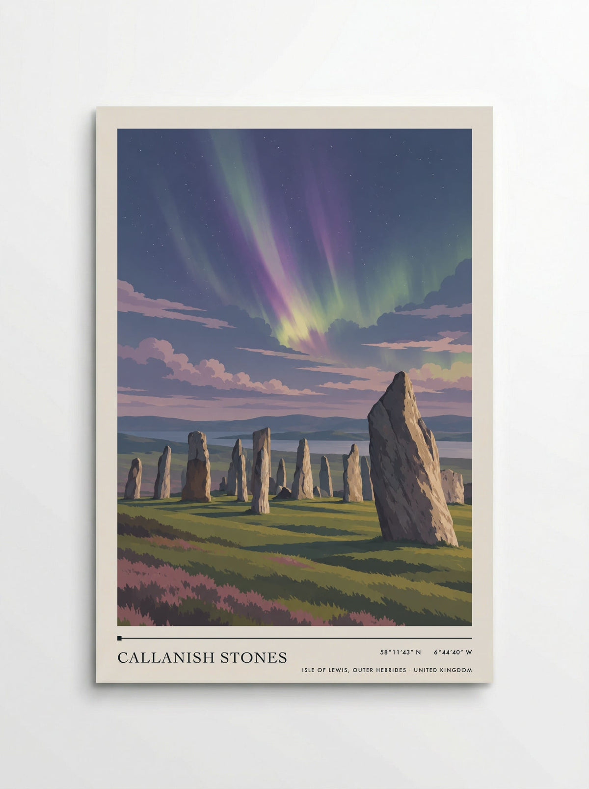 Callanish Stones, Isle of Lewis, Outer Hebrides travel poster: dark standing stones, purple heather and distant water in a starry blue night