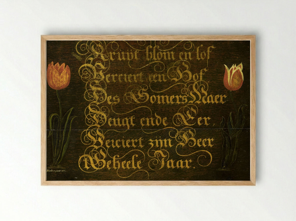 Calligraphed Proverb Flanked by Two Tulips - Isaac Hondius - Framed Print Wood
