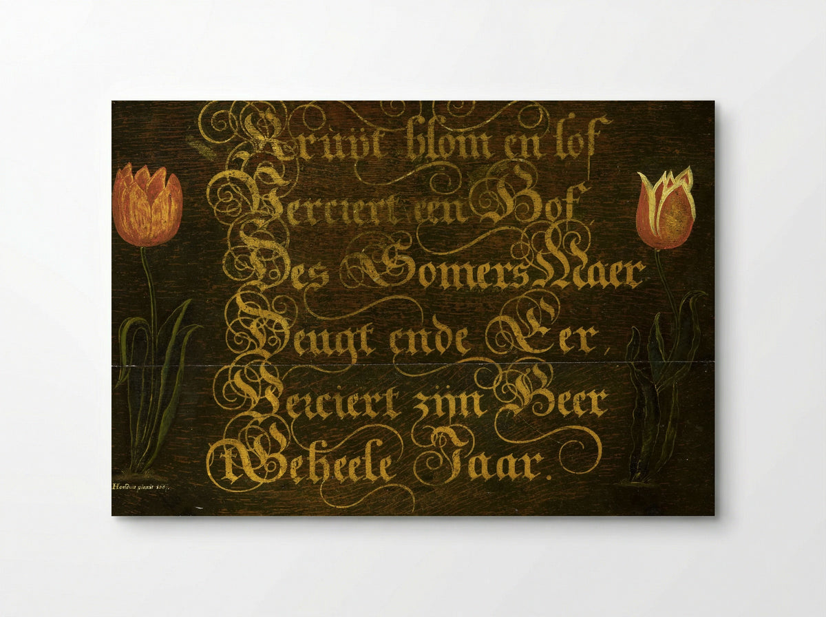 Calligraphed Proverb Flanked by Two Tulips - Isaac Hondius - Poster