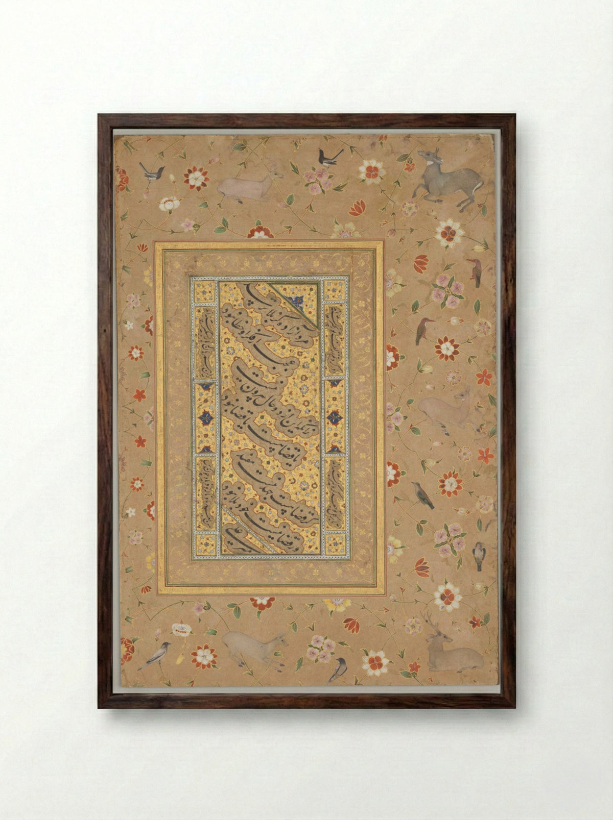 Calligraphy with Floral and Animal Border - Mir 'Ali Haravi - Framed Print Dark Wood