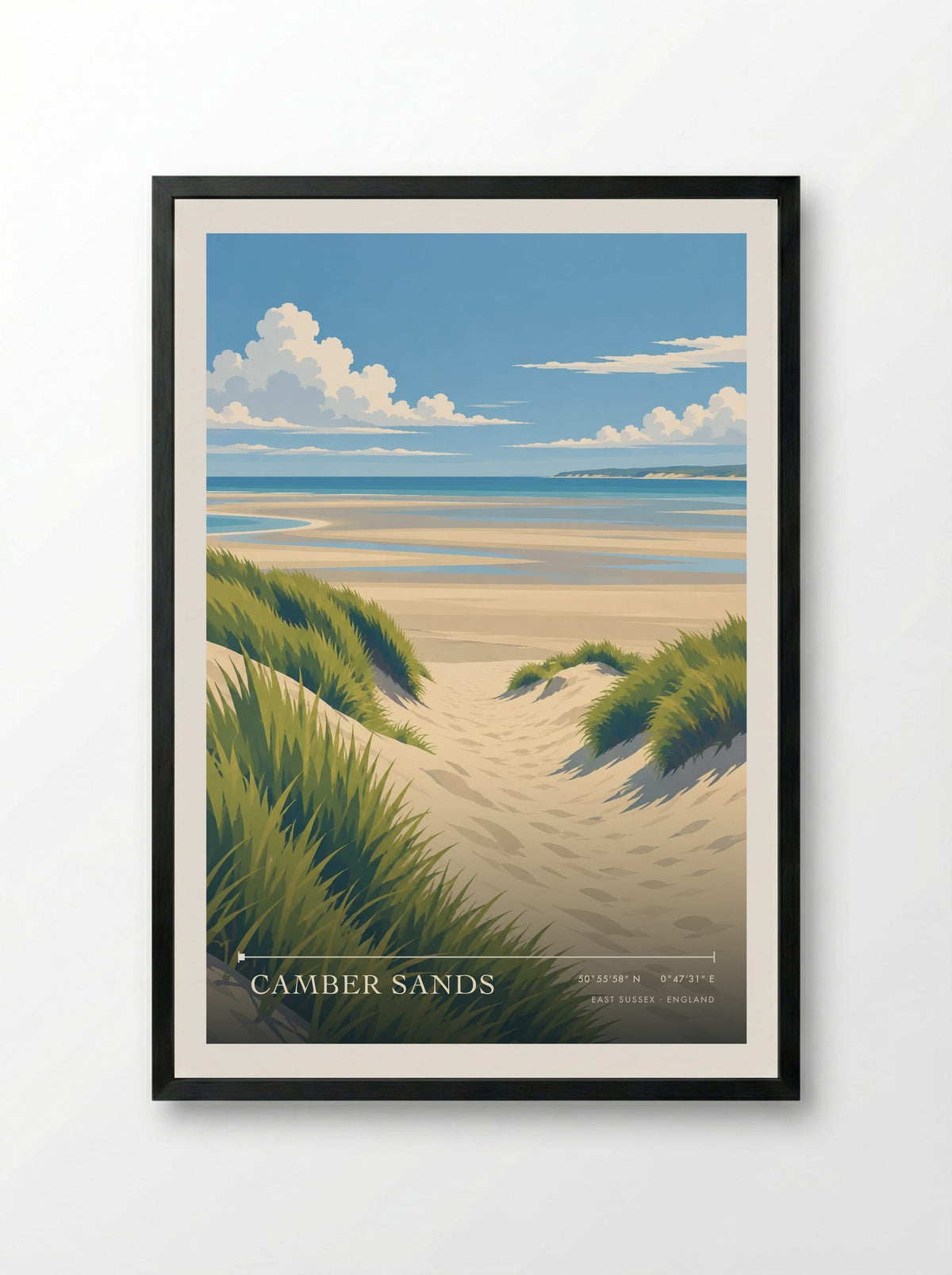 Camber Sands, East Sussex | Travel Poster - Framed Print Black