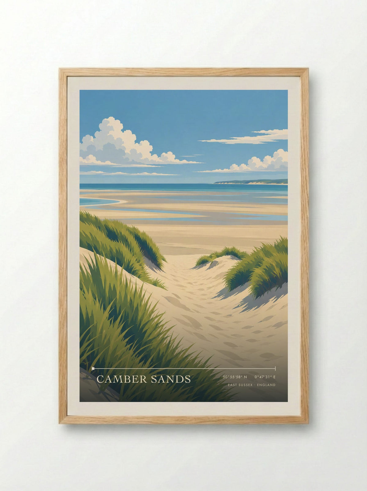 Camber Sands, East Sussex | Travel Poster - Framed Print Wood