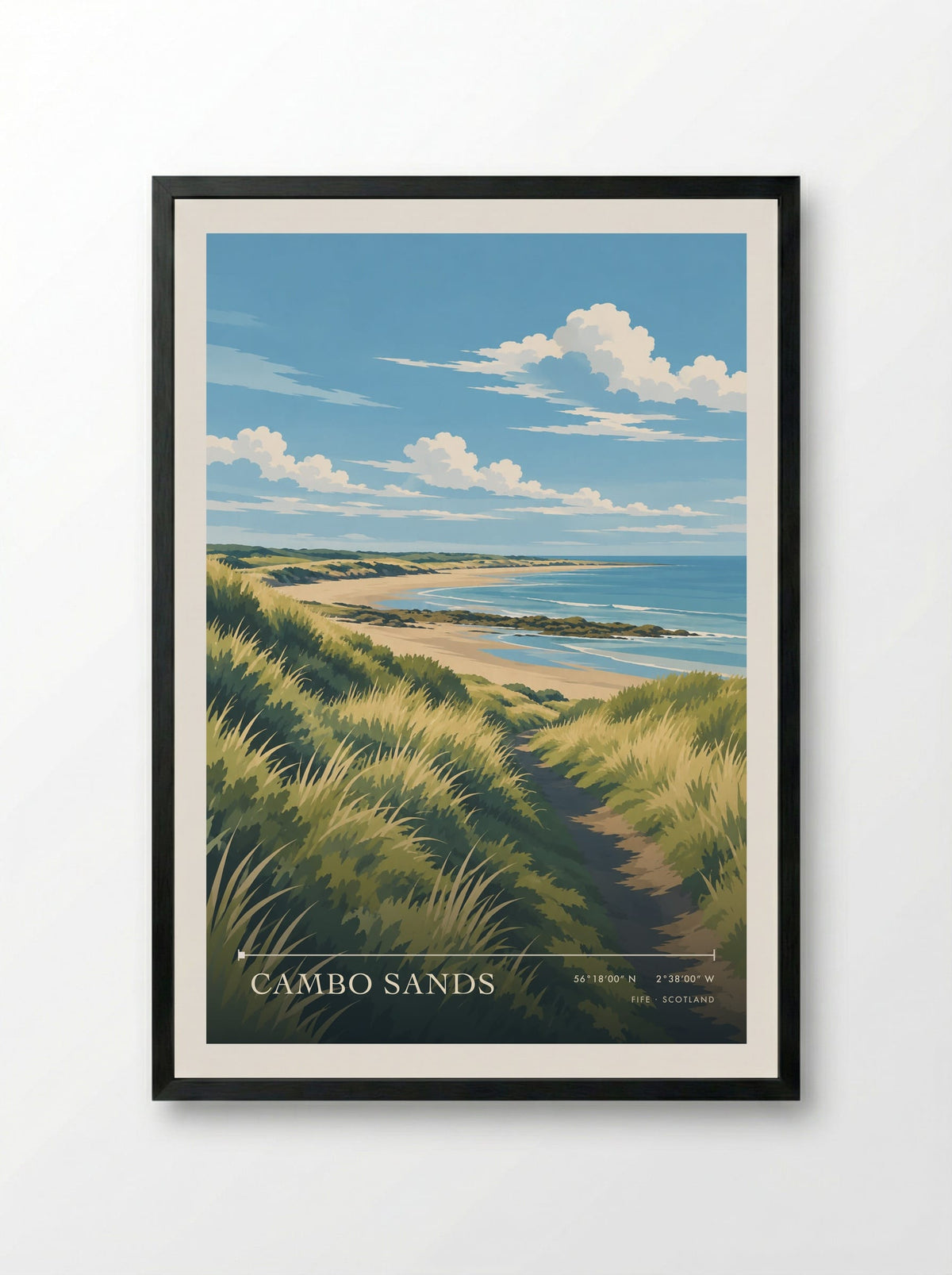 Cambo Sands, Fife | Travel Poster - Framed Print Black