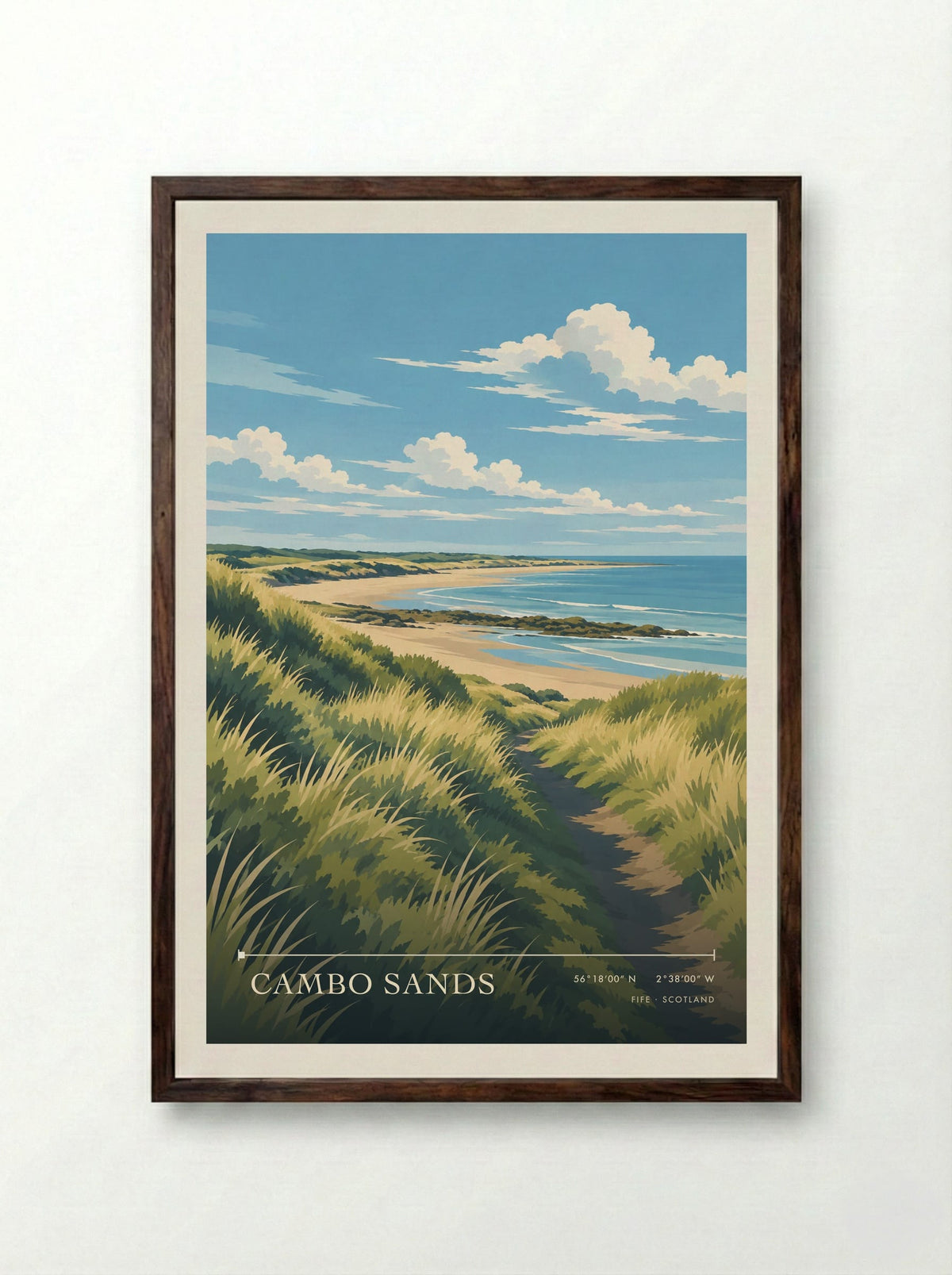 Cambo Sands, Fife | Travel Poster - Framed Print Dark Wood