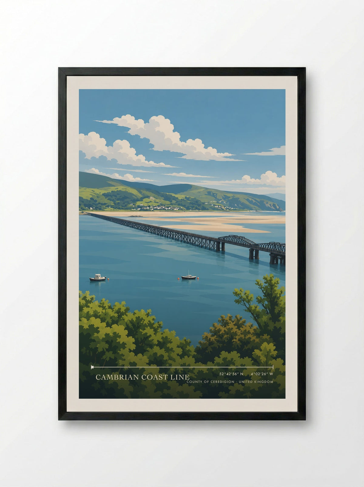 Cambrian Coast Line, County of Ceredigion | Travel Poster - Framed Print Black