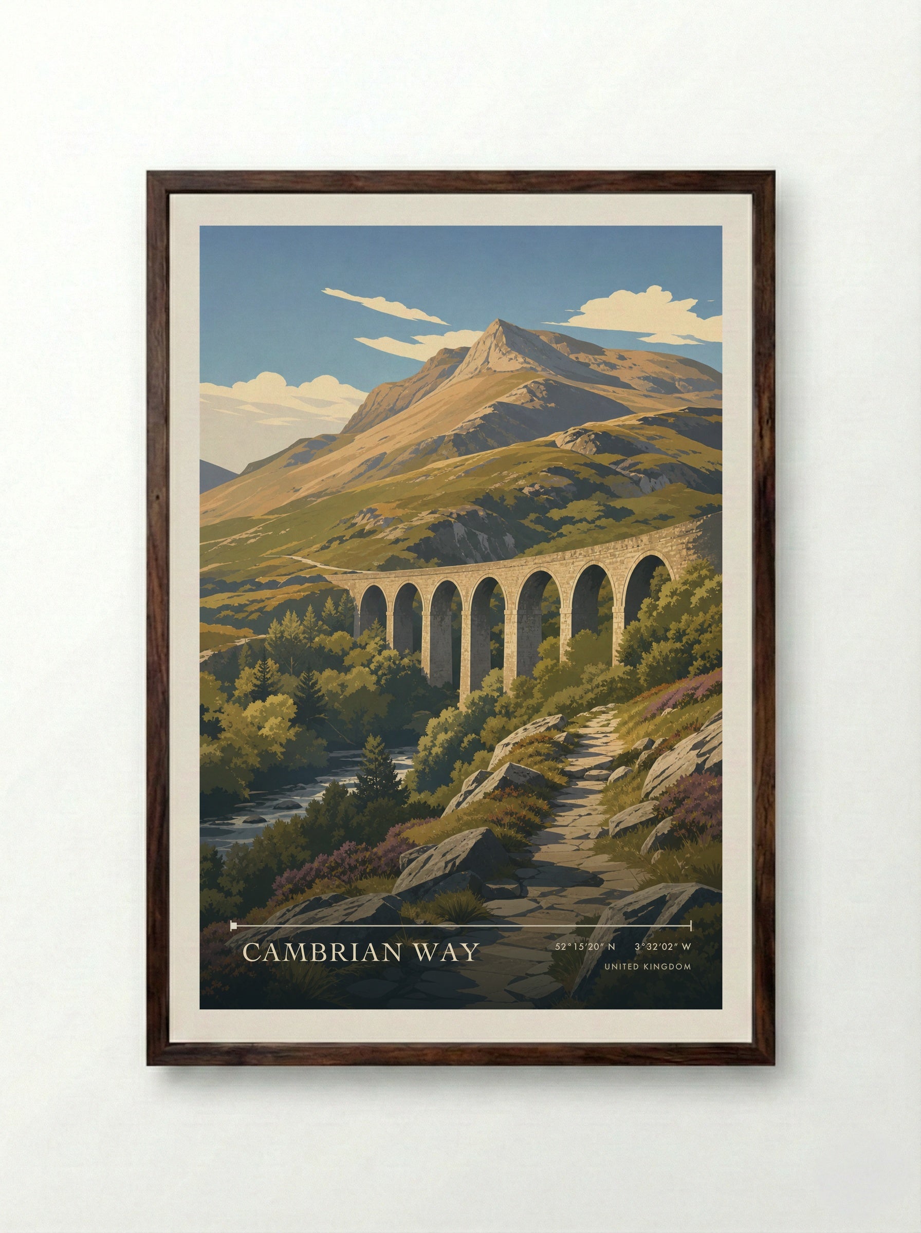 Cambrian Way United Kingdom Travel Poster - Framed Print Dark Wood