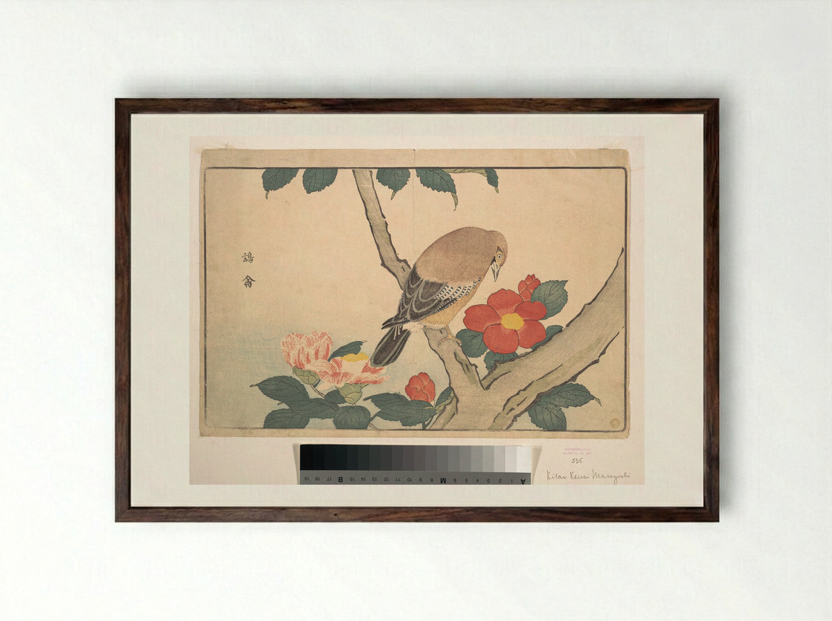 Camellias with a Bird - Kuwagata Keisai - Framed Print Dark Wood
