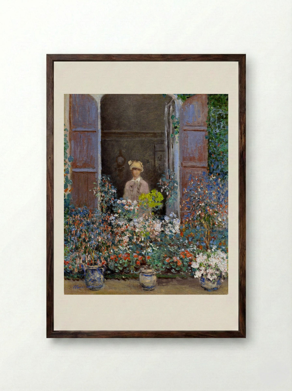 Camille Monet at the Window, Argenteuil - Claude Monet - Framed Print Dark Wood