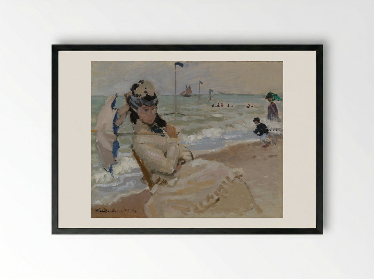 Camille on the Beach at Trouville - Claude Monet - Framed Print Black