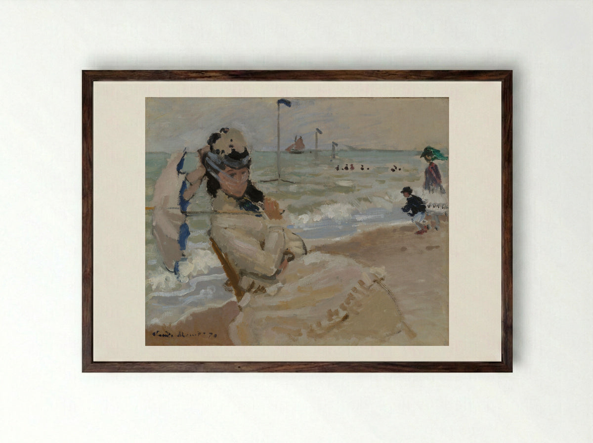 Camille on the Beach at Trouville - Claude Monet - Framed Print Dark Wood