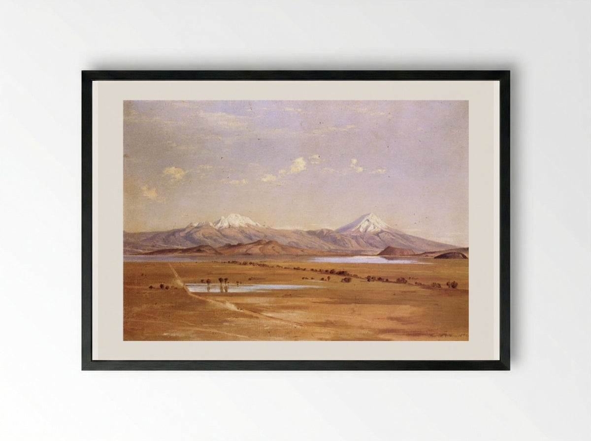 Camino a Chalco con los volcanes - José María Velasco - Framed Print Black