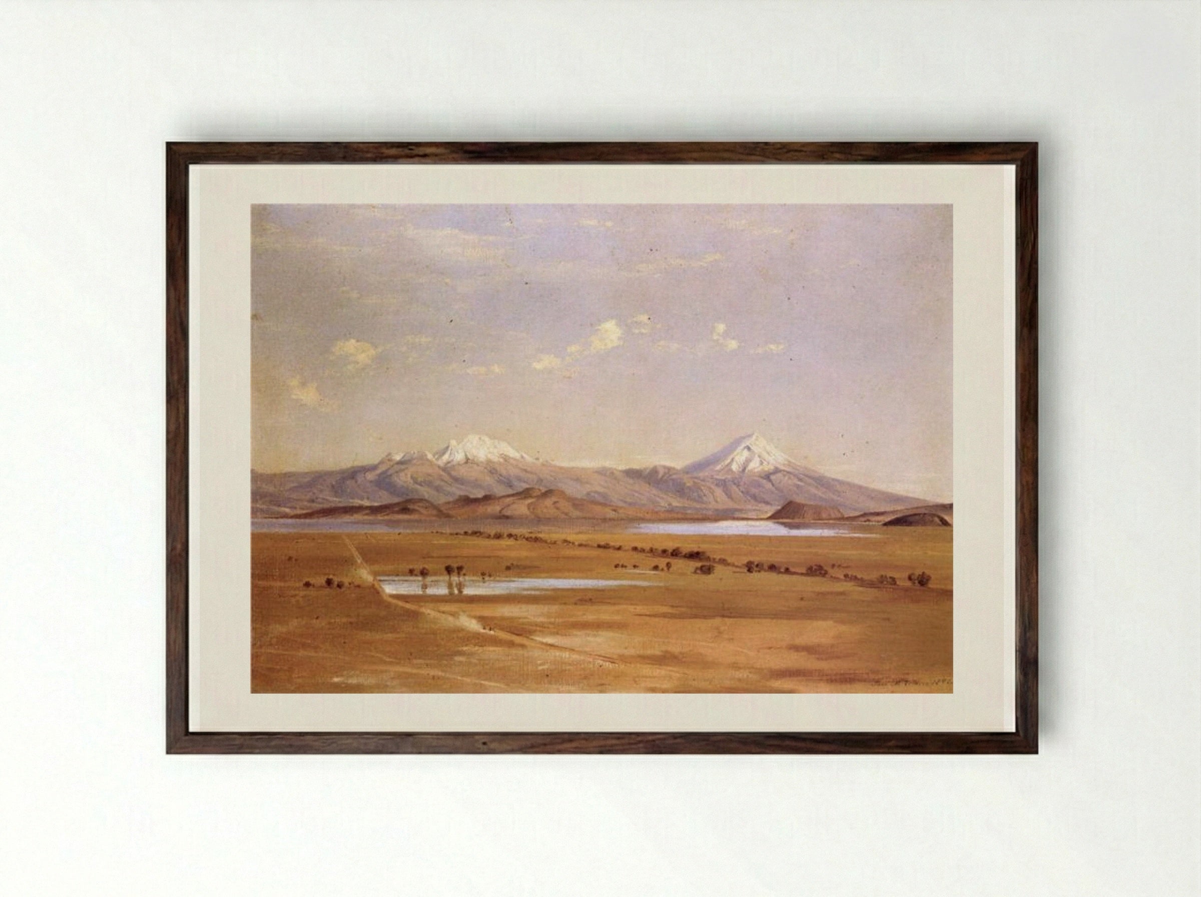 Camino a Chalco con los volcanes - José María Velasco - Framed Print Dark Wood