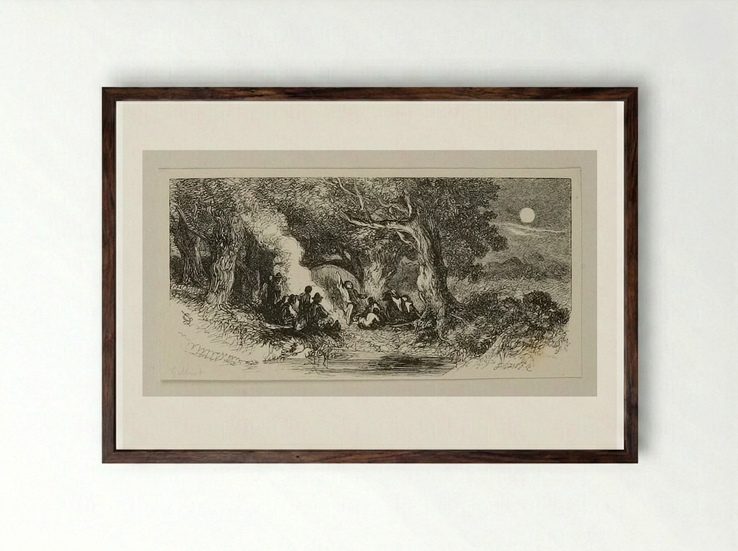 Camp Fire by Moonlight - Edward Dalziel - Framed Print Dark Wood