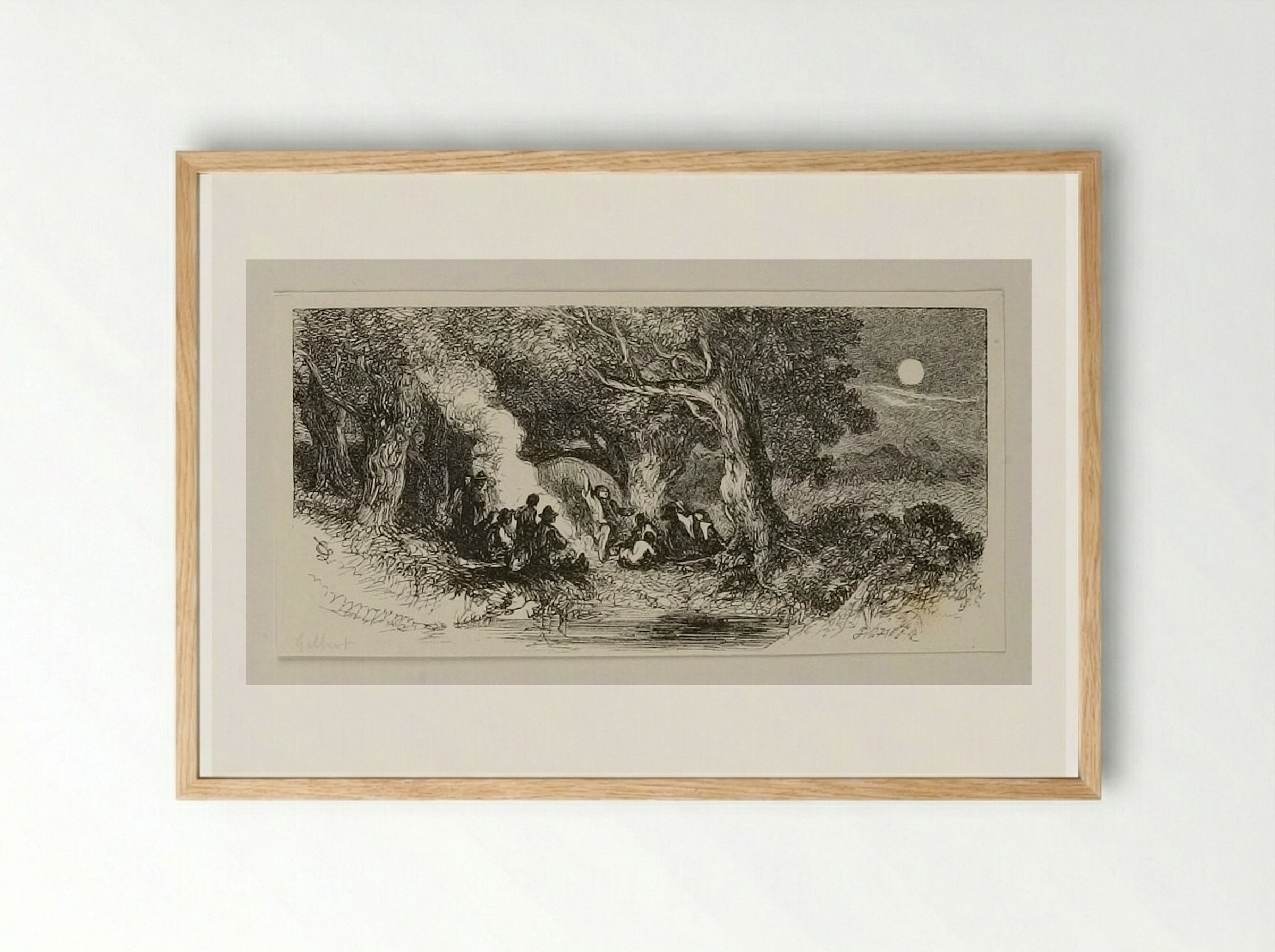 Camp Fire by Moonlight - Edward Dalziel - Framed Print Wood
