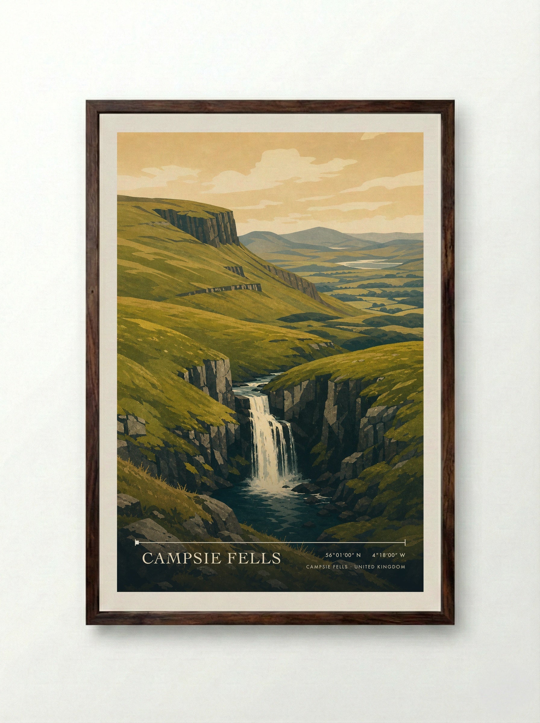 Campsie Fells United Kingdom Travel Poster - Framed Print Dark Wood