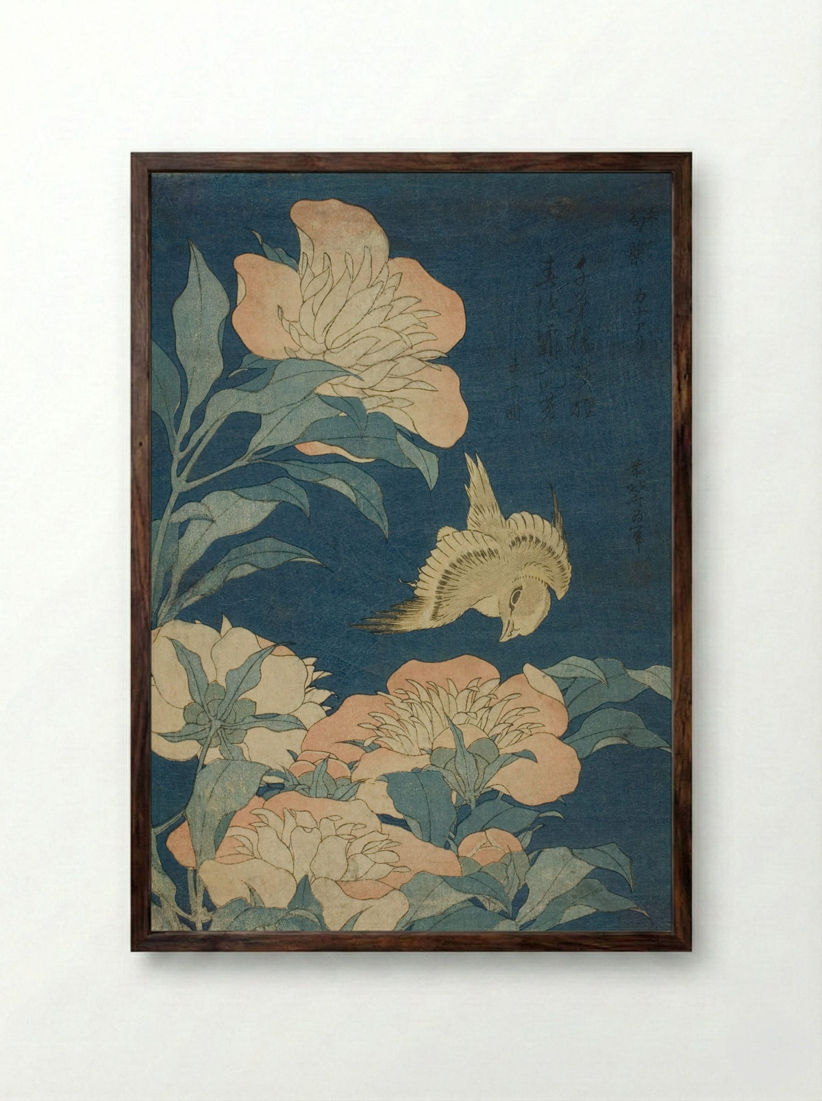Canary and Peony - Katsushika Hokusai - Framed Print Dark Wood