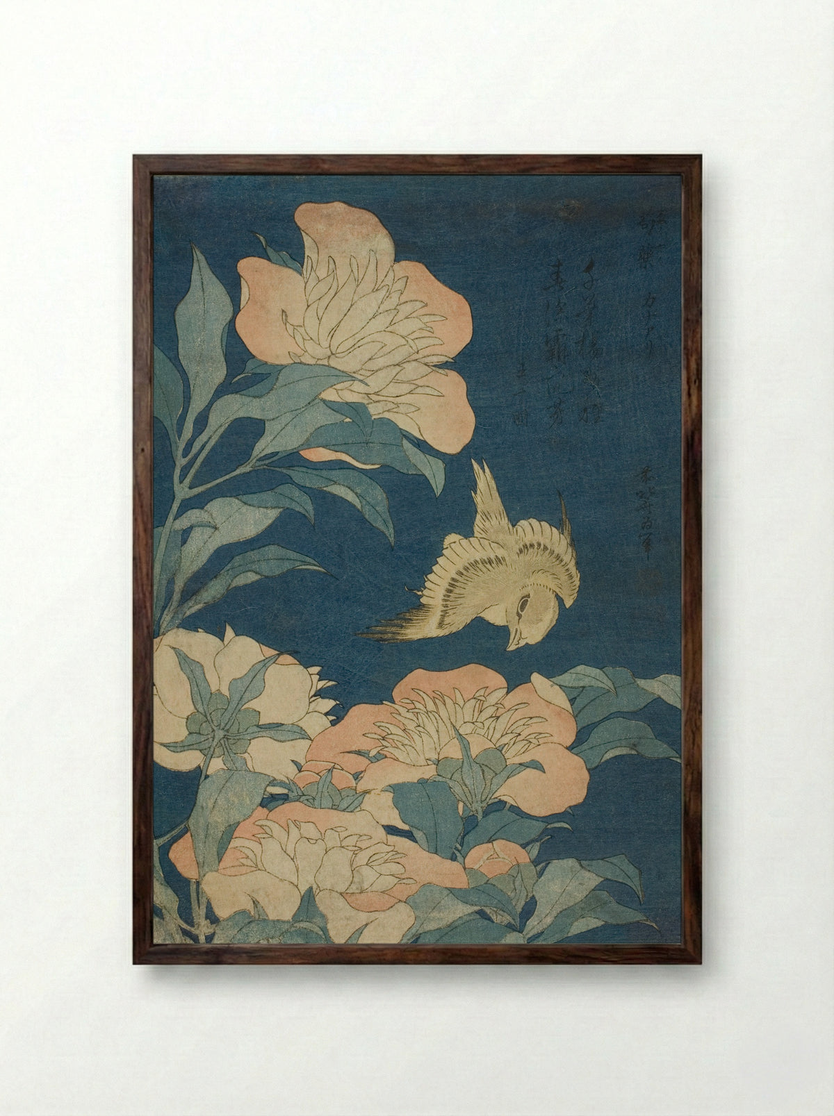 Canary and Peony - Katsushika Hokusai - Framed Print Dark Wood
