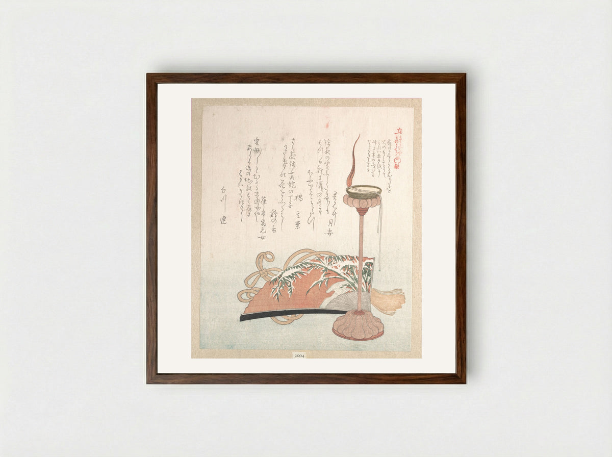 Candle-Stand and Fan - Kubo Shunman - Framed Print Dark Wood