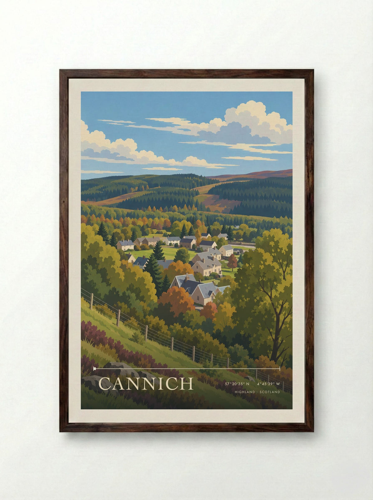 Cannich, Highland | Travel Poster - Framed Print Dark Wood