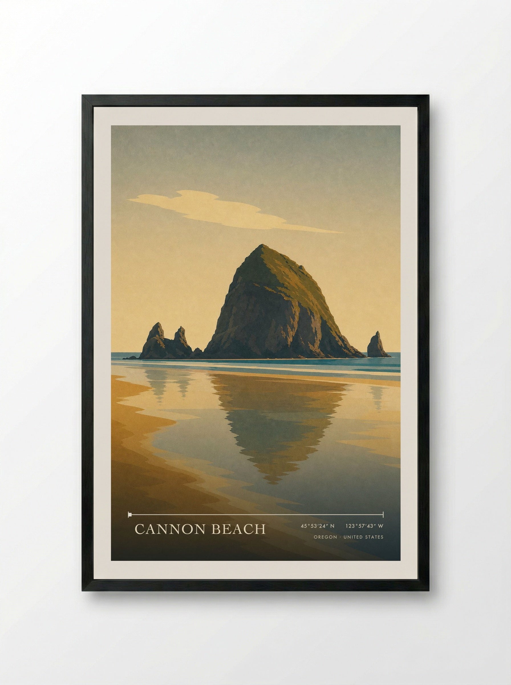 Cannon Beach Travel Poster Artwork - Framed Print Black