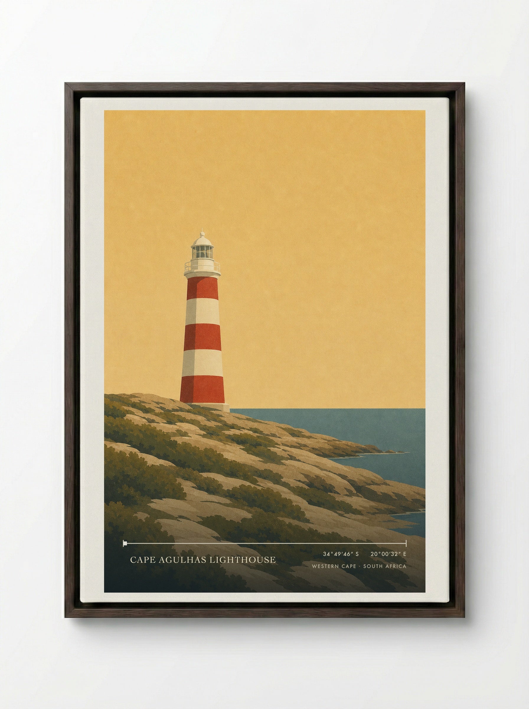 Cape Agulhas Lighthouse Travel Poster Artwork - Framed Canvas Dark Wood