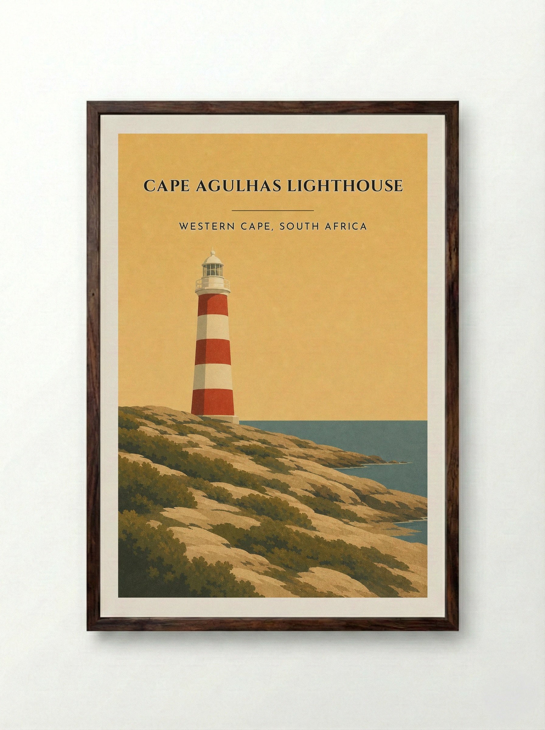 Cape Agulhas Lighthouse Travel Poster Artwork - Framed Print Dark Wood