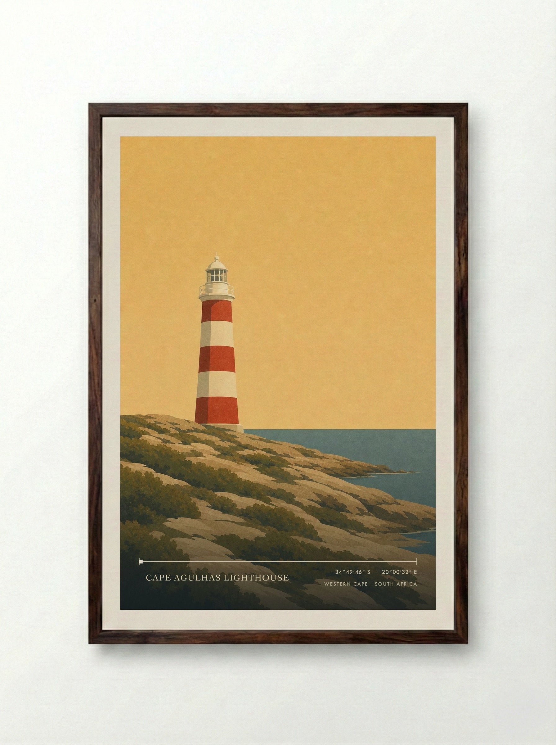 Cape Agulhas Lighthouse Travel Poster Artwork - Framed Print Dark Wood