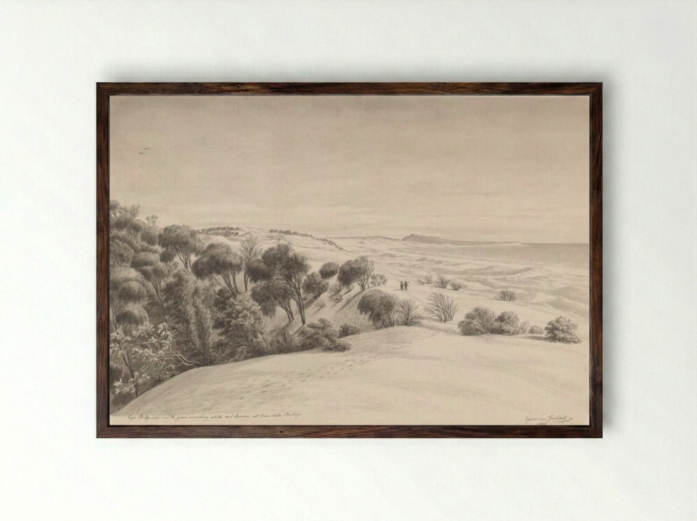 Cape Bridgewater and the grand encroaching white sand hommocs east from Lake Bonbong - Eugene von Guerard - Framed Print Dark Wood