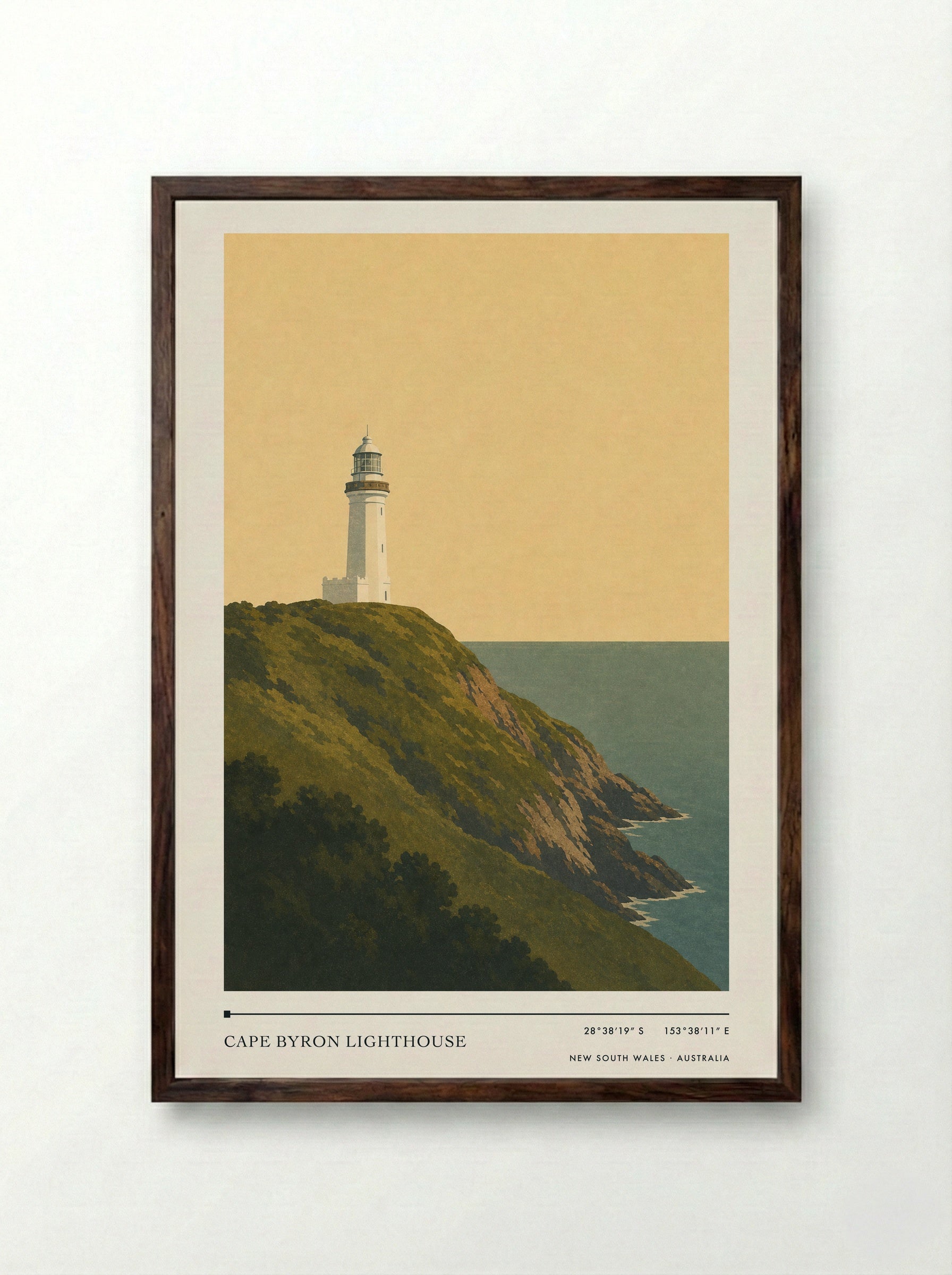 Cape Byron Lighthouse Travel Poster Artwork - Framed Print Dark Wood