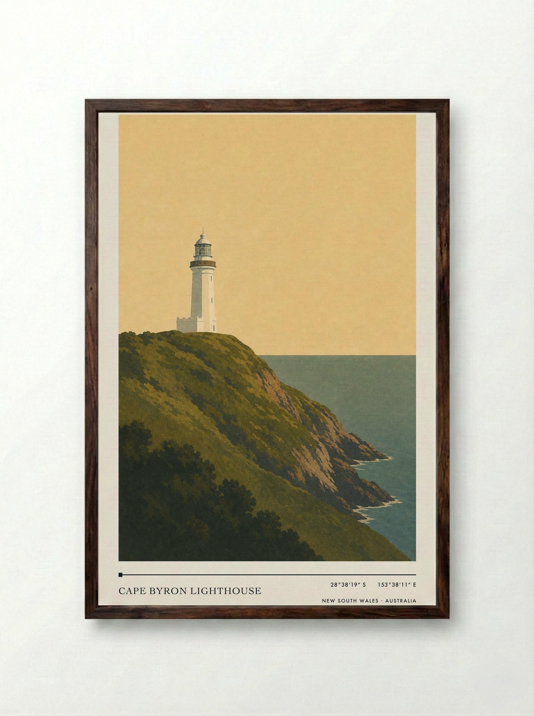 Cape Byron Lighthouse Travel Poster Artwork - Framed Print Dark Wood