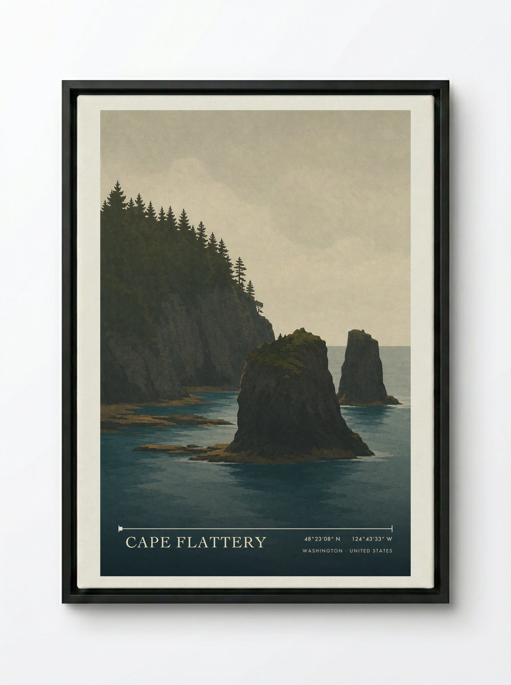 Cape Flattery Travel Poster Artwork - Framed Canvas Black